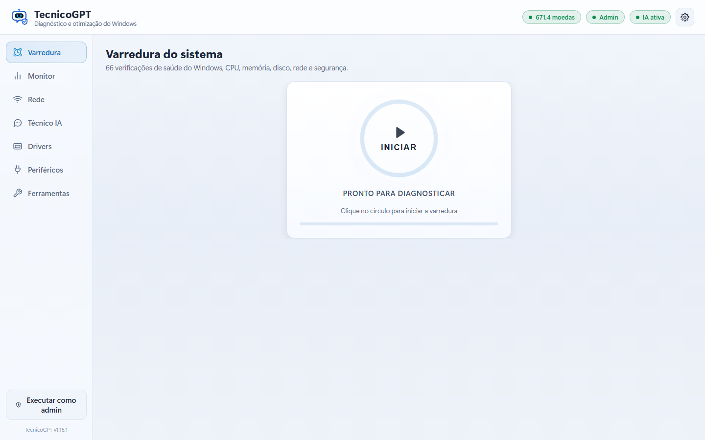 Tela de varredura do TecnicoGPT com as 66 verificações de saúde do Windows